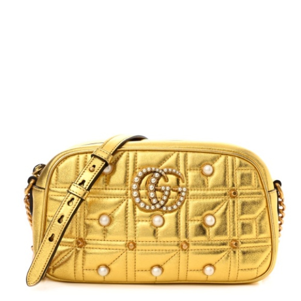 Gucci Metallic Calfskin Matelasse Studded Small Pearly GG Marmont Chain Bag